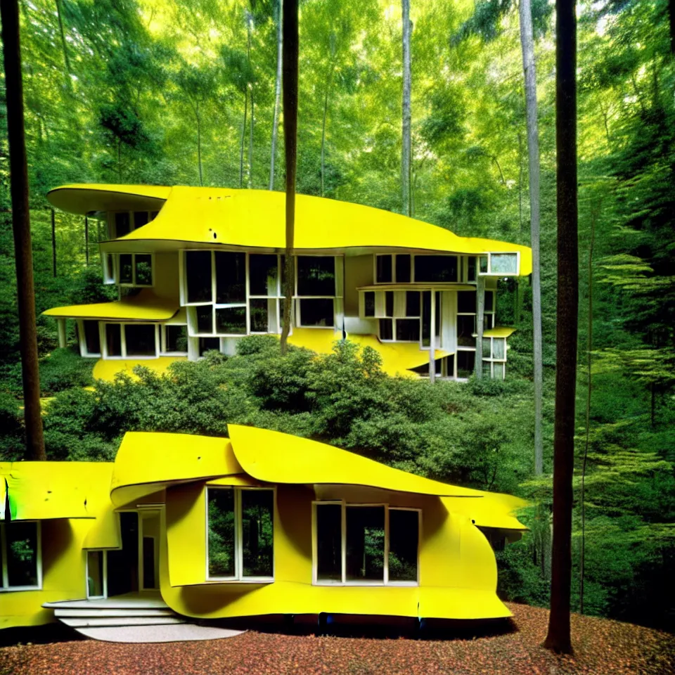 Prompt: a flat mid-century modern house with big tiles in a forest, designed by Frank Gehry. Film grain, cinematic, yellow hue