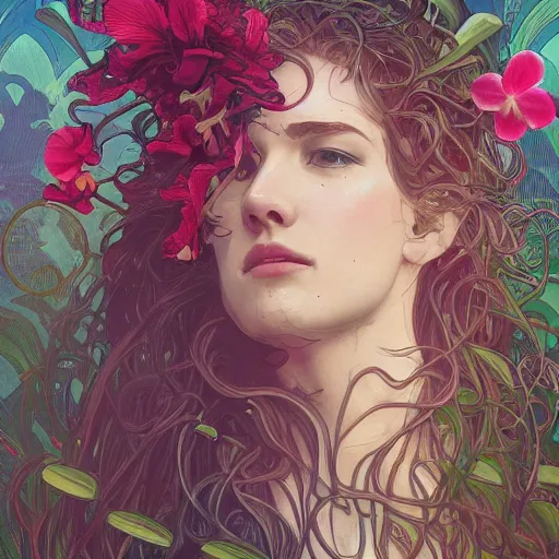 Image similar to a beautiful fine art portrait photo of a resting cyborg, wavy hair spread out, surrounded by hibiscus, daffodils, moth orchids, montsera leaves by alphonse mucha and zach sutton, soft lighting, very detailed, deep depth of field, artstation, 4K