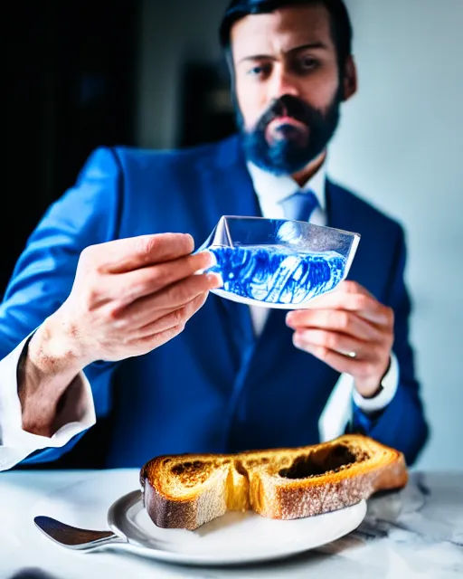 Image similar to photography of a fancy gentleman eating a toast with blue liquid spread over it,