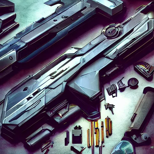 Image similar to An armory of sci-fi weapons and gadgets, hyper realistic, cyberpunk, high quality, award winning, digital art