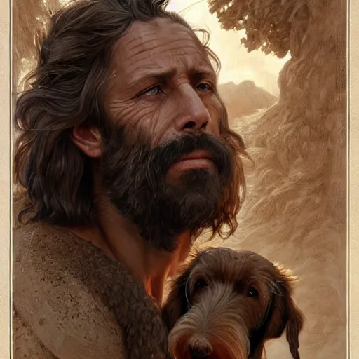 Image similar to portrait of a rugged greek god with the head of a wirehaired dachshung, salt and pepper hair, soft hair, d & d, muscular, fantasy, intricate, elegant, highly detailed, digital painting, artstation, concept art, smooth, sharp focus, illustration, art by artgerm and greg rutkowski and alphonse mucha