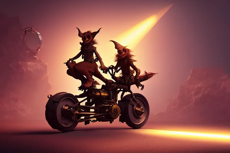 Prompt: a goblin riding a steampunk motorcycle, volumetric light, studio light, hyperdetailed, artstation, cgsociety, 8k