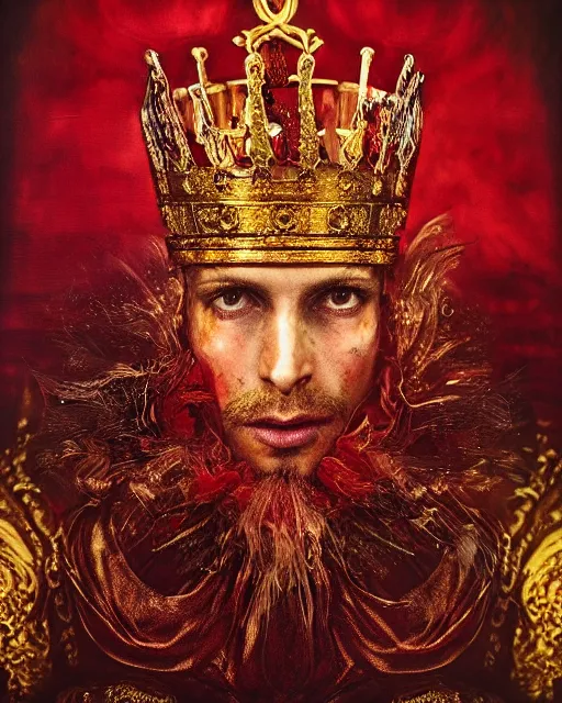 Image similar to 'Portrait of Crowned King Arthur' by Lee Jeffries royally decorated, whirling plasma, atmospheric motes, red and gold Sumptuous garb, gilt silk fabric, radiant colors, fantasy, perfect lighting, studio lit, micro details,