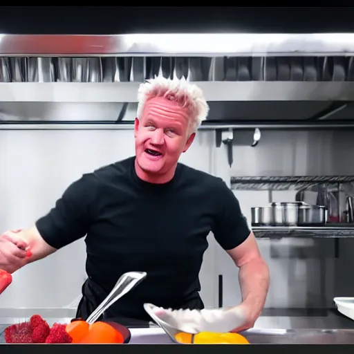 Image similar to hyper real Gordon Ramsey cooking a unicorn in kitchen 4k