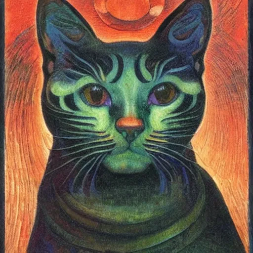 Image similar to painting of cloisonne cat head, by annie swynnerton and diego rivera and nicholas roerich and jean delville, symbolist, dramatic lighting, god rays, art brut, rich colors, smooth, sharp focus, extremely detailed, adolf wolfli and ( donato giancola and bilibin )