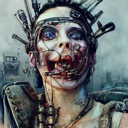 Image similar to mad max rockatansky fury road by brendan mccarthywires cybernetic implants, steelpunk, abandoned steelworks, grime and grunge, in the style of adrian ghenie, esao andrews, jenny saville,, surrealism, dark art by james jean, takato yamamoto