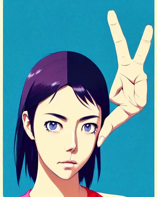 Image similar to woman giving a peace sign | | very very anime!!!, fine - face, aubrey plaza, realistic shaded perfect face, fine details. anime. realistic shaded lighting poster by ilya kuvshinov katsuhiro otomo ghost - in - the - shell, magali villeneuve, artgerm, jeremy lipkin and michael garmash and rob rey