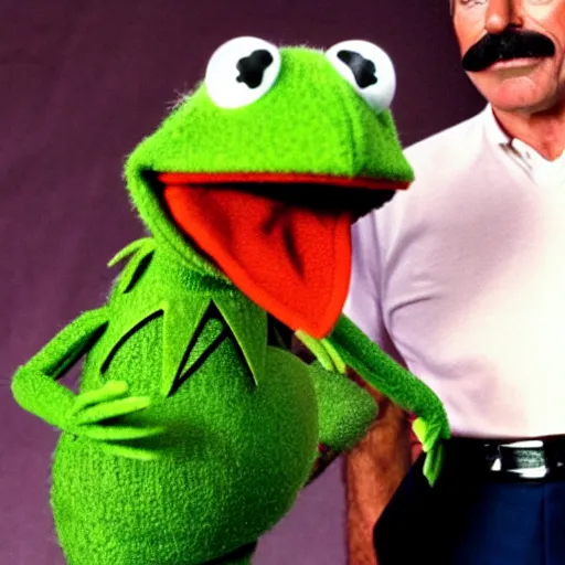 Image similar to Tom Selleck in the muppets with Kermit the frog