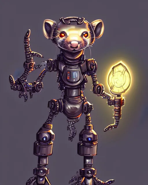 Image similar to mechanical ferret dungeons and dragons metalic robot creature, d & d digital character illustration, artstation trending robot ferret render, intricate, sharp focus, hyper detailed, digital painting, matte, d & d strange cute mech robot ferret character, masterpiece