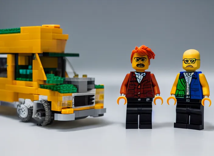 Prompt: product photo still of walter white and jesse pinkman breaking bad winnebago lego playset, 8 k, 1 2 0 mm macro, f 1. 8, studio lighting, key light