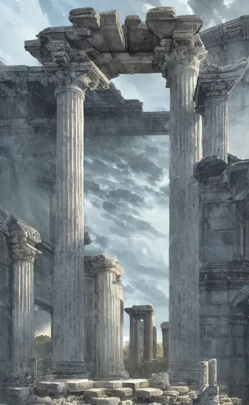 Prompt: roman temple ruin, soft grey and blue natural light, crepuscular rays, intricate, digital painting, artstation, concept art, smooth, sharp focus, illustration, art by greg rutkowski and luis rollo and uang guangjian and gil elvgren, symmetry!