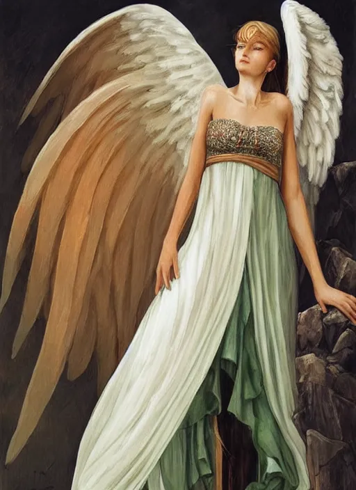 Prompt: a candid portrait of a female angel wrapped in cloth, her wings are fallen open by her side, in a roman castle, highly detailed, by tran nguyen and artgerm, warm colors