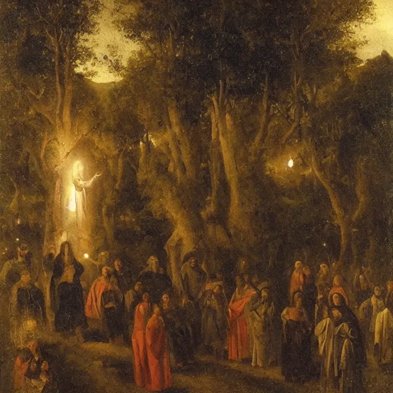 Prompt: A Holy Week procession of souls in a lush Spanish landscape at night. A figure at the front holds a cross. Petrus van Schendel.