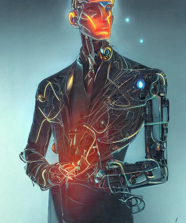 Image similar to a male android portrait wearing a suit and tie, surrealism, scifi, intricate, elegant, sharp eyebrows, highly detailed cybernetic body, neon glowing eyes, digital painting, artstation, concept art, smooth, sharp focus, illustration, art by artgerm and moebius and peter mohrbacher