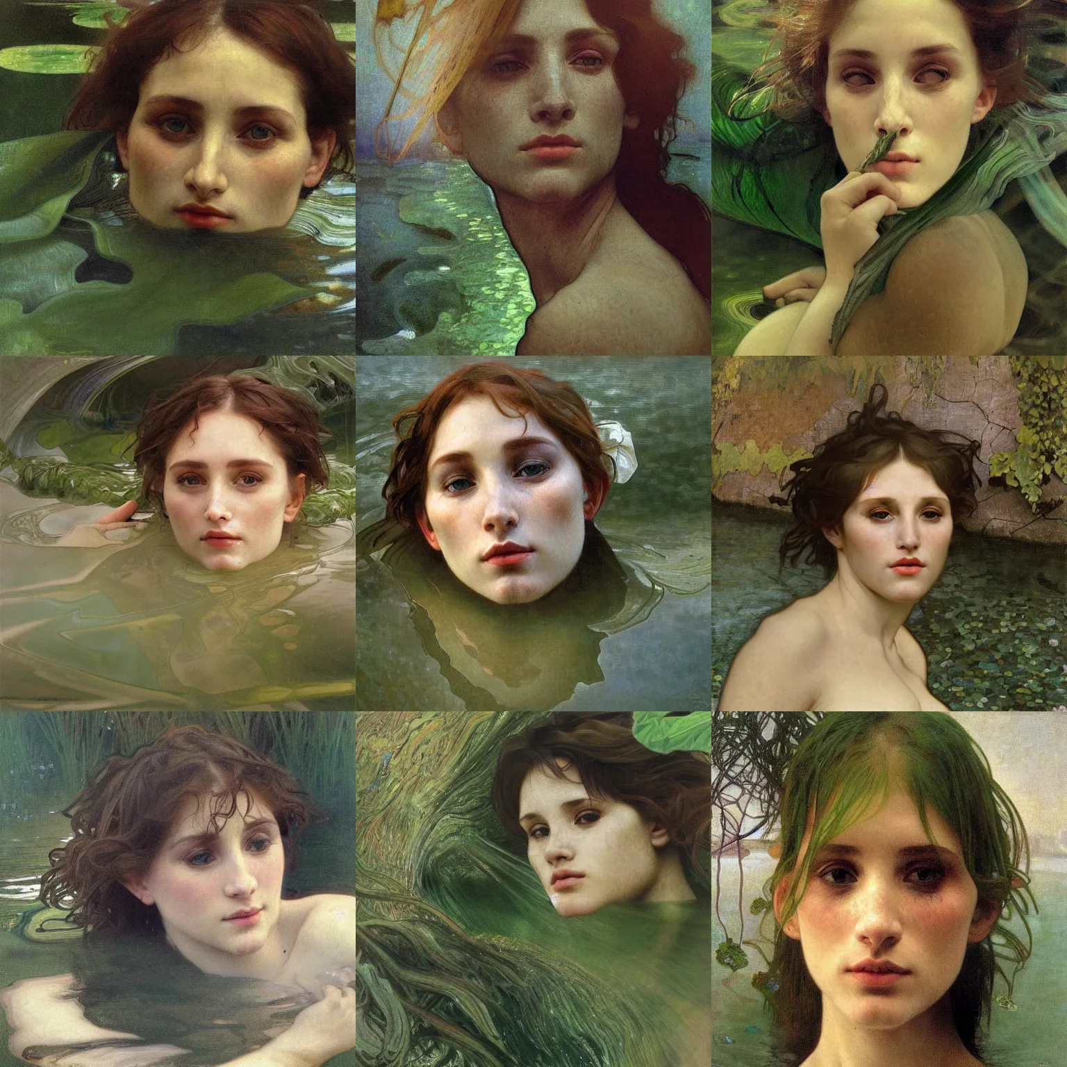 Prompt: hyperrealist portrait in a river, close up face, dark green water, algae, by alphonse mucha and lucian freud and bouguereau, fog twilight lighting, very detailed faces
