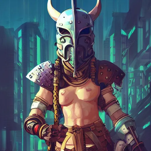 Image similar to cyberpunk viking helmet mask warrior goddess robot ninja fantasy, art gta 5 cover, official fanart behance hd artstation by jesper ejsing, by rhads, makoto shinkai and lois van baarle, ilya kuvshinov, ossdraws