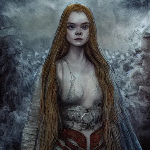 Image similar to Elle Fanning in the painted world of Dark Souls, head and shoulders masterpiece, apocalypse, golden hour, cosmic horror, artstation, in the style of Liber Chronicarum and Michael Wolgemut, extremely detailed