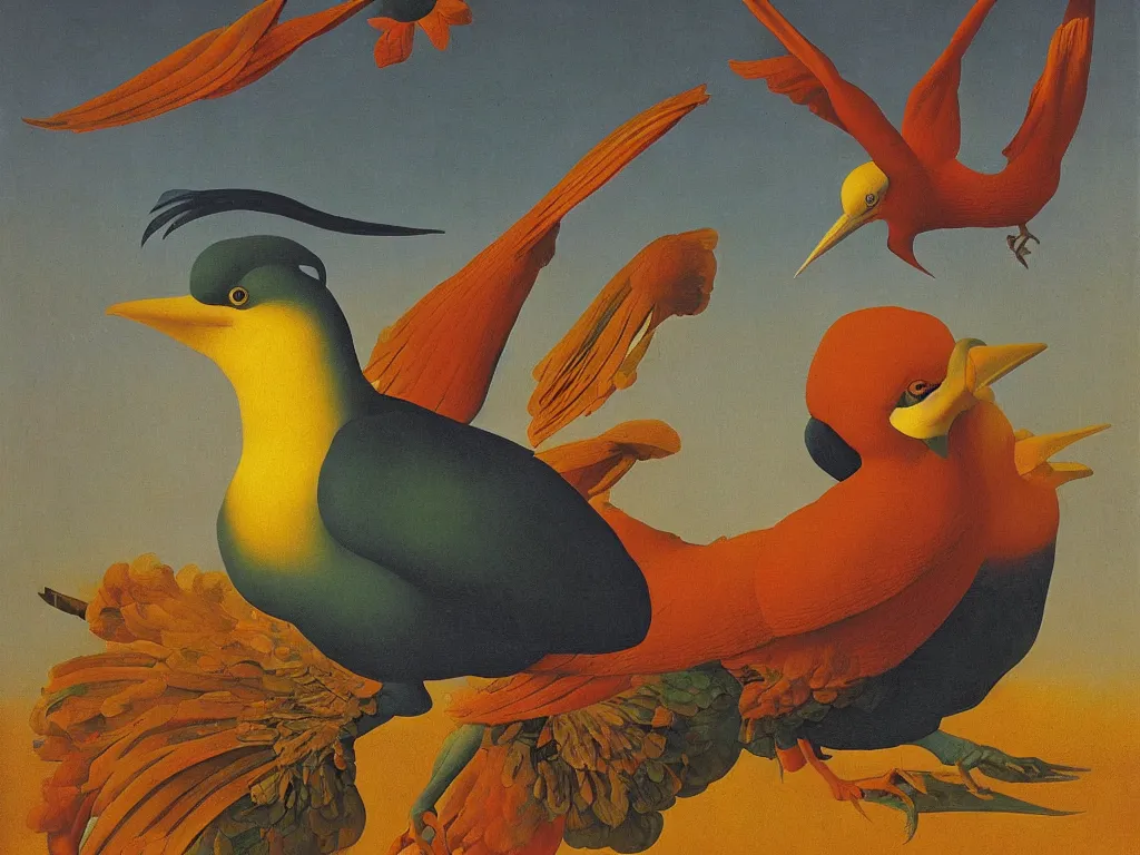 Prompt: beautiful exotic bird is covering the sun. Jan van Eyck, Audubon, Rene Magritte, Agnes Pelton, Max Ernst, Walton Ford