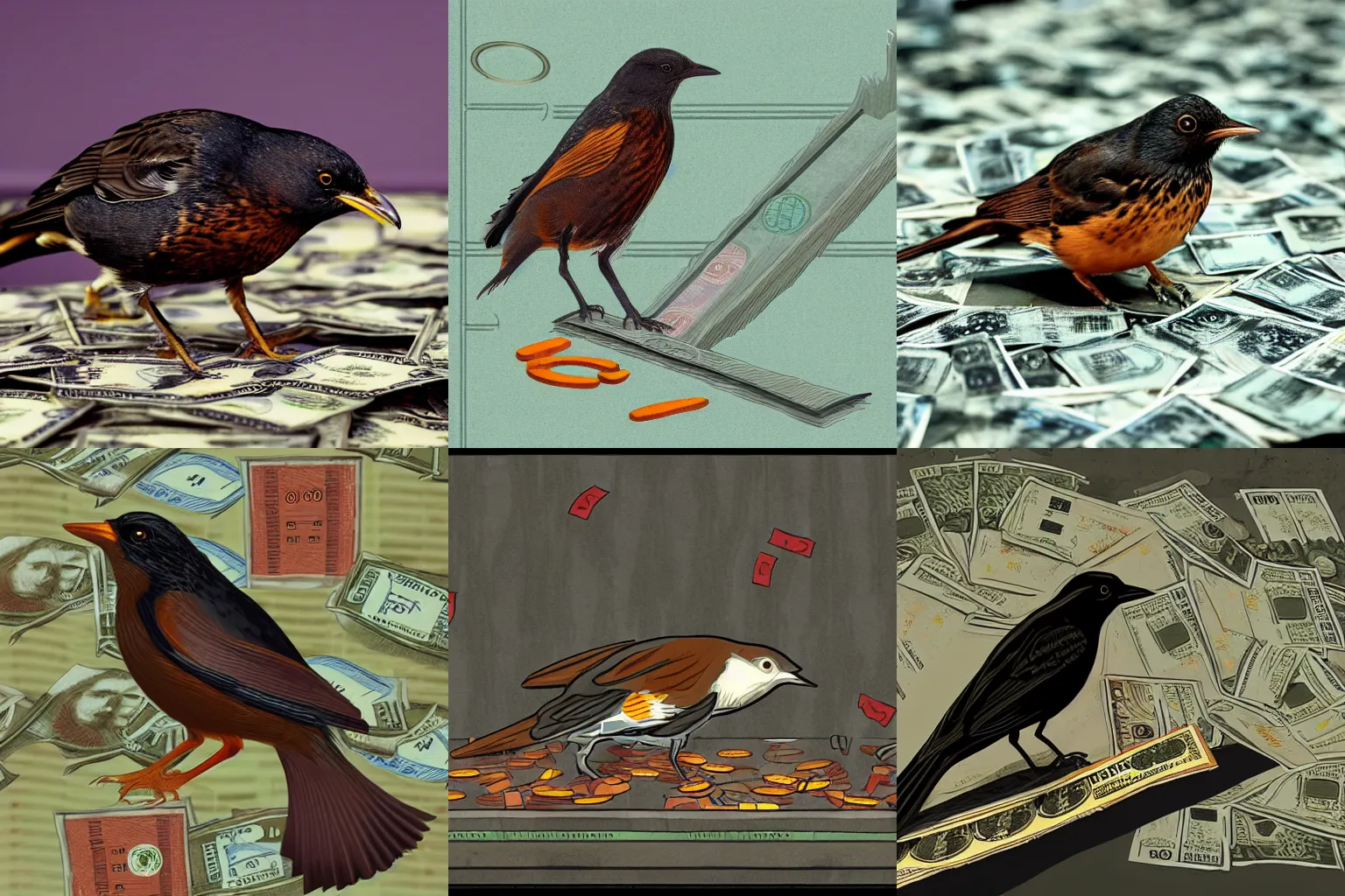 Prompt: Turdus rufiventris with a knife flying over a pool of money. cyberpunk