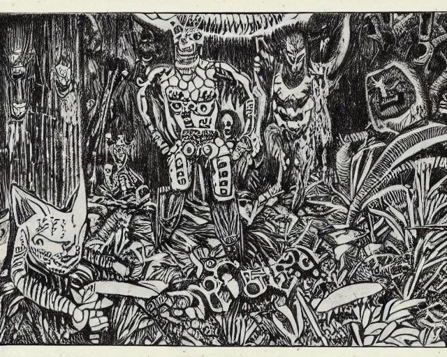 Image similar to surreal b & w nightmarish garden las pozas, mayan jaguar warrior, ink by frank miller and jose guadalupe posada, crayon and cut up, punk fanzine 1 9 6 7