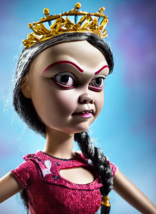 Image similar to closeup face profile portrait of a tin toy greta thunberg as the bride of chucky as a fairytale princess wearing a crown, bikini, depth of field, zeiss lens, detailed, fashion photoshoot, by nicoletta ceccoli, mark ryden, lostfish, breathtaking, 8 k resolution, extremely detailed, beautiful, establishing shot, artistic, hyperrealistic, octane render