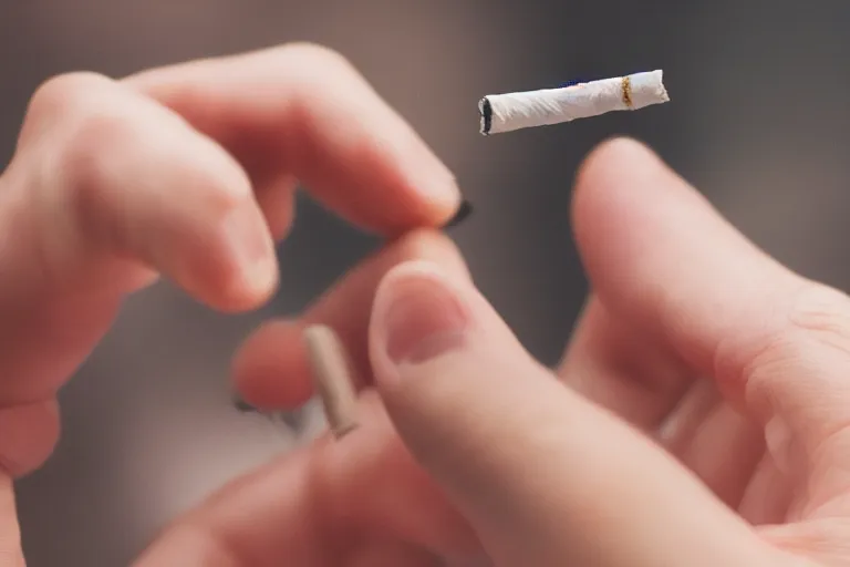 Image similar to Close-up of thin soft hand holding cigarette in fingers, with smoke, hyper realistic, high details, photo, super resolution