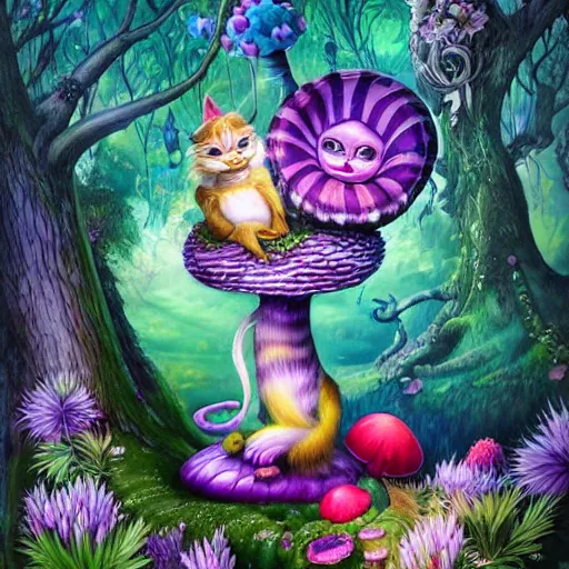 Prompt: the cheshire cat from alice in wonderland sitting on a giant mushroom by anna dittmann, highly detailed, bright tones