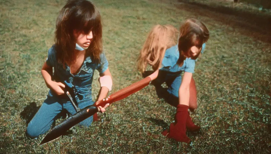 Image similar to 7 0 s film still from a horror movie about children playing with knives and guns, kodachrome, cinecolor, cinestill, film grain, film texture, retro, cinematic, high resolution, photorealism,