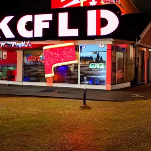 Prompt: a photo of a landscape with many lit up KFC bucket signs on sticks sticking out of it