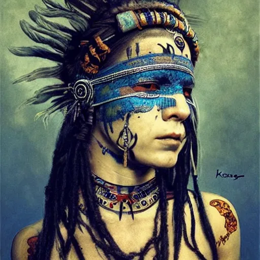 Prompt: A young blindfolded shaman woman with a decorated headband performing a pagan ritual, in the style of heilung, blue hair dreadlocks and wood on her head, tribal piercing and tatoos , atmospheric lighting, intricate detail, cgsociety, ambient light, dynamic lighting, art by karol bak