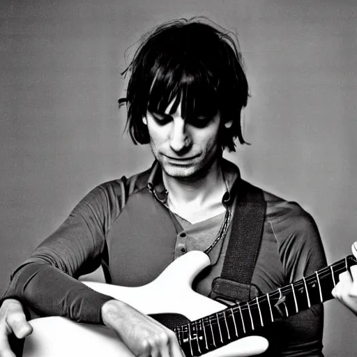 Image similar to Jonny Greenwood playing a guitar in a black and white photo, a black and white photo by David Gilmour Blythe, featured on tumblr, toyism, groovy, psychedelic, ilya kuvshinov