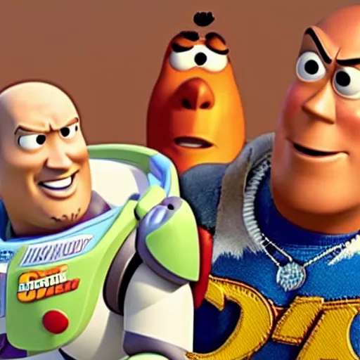 Image similar to dwayne johnson as pixar characters on toy story movie