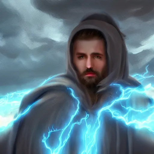 Image similar to Mage wearing blue robes summoning a Tornado, matte painting, cinematic, Artstation