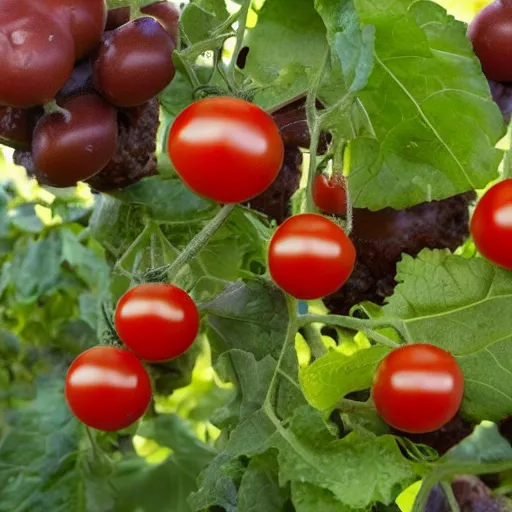 Image similar to hamburgers growing on a vine like tomatoes, but sprouting hamburgers