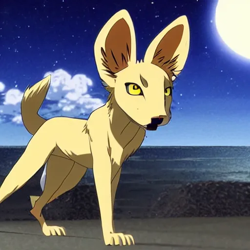Prompt: modern anime still of beastars jack the anthro male golden retreiver in a boarding school uniform, side view of him, on a moonlit beach at night, official studio anime still
