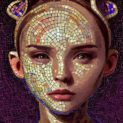Image similar to mosaic portrait of a beautiful cute girl with robot ears by Saimir Strati, 4k, intricate details, digital, Serial Experiments Lain