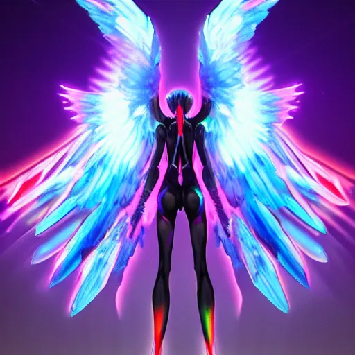 Image similar to evangelion angel invaders with neon rainbow wings colorful 4 k ceremonial path traced high definition detailed artstation realistic trending dramatic lighting dark and light contrast gothic