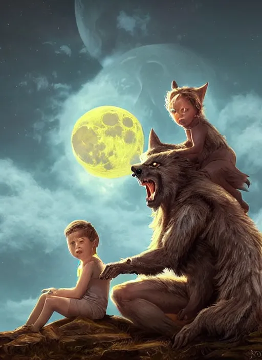 Image similar to a werewolf and a human child sitting next to each other, looking at the moon, fantasy art, matte painting, highly detailed
