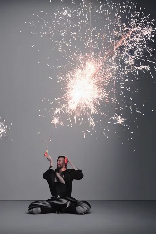 Prompt: margiela campaign featuring artist ben schumacher blowing out all the candles on the birthday cake, sparklers, realistic vfx simulation