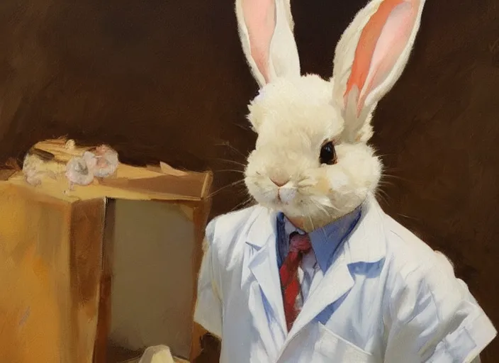 Prompt: a highly detailed beautiful portrait of a bunny wearing a doctor costume, by gregory manchess, james gurney, james jean