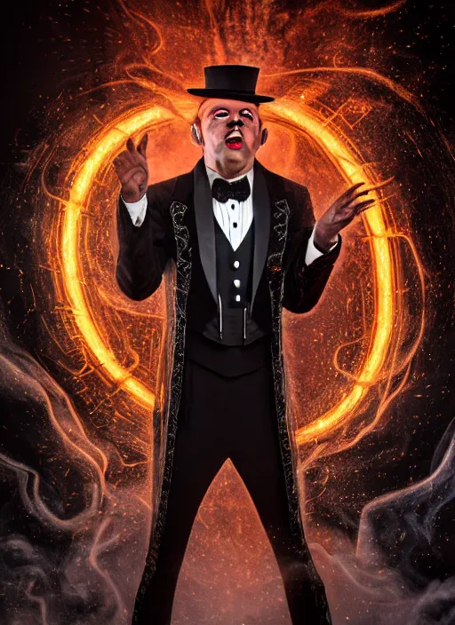 Prompt: hyperrealistic mixed media portrait of a devious male magician, stunning 3d render inspired art by Wesley Burt and Manuel Sanjulian + perfect facial symmetry + dim volumetric lighting, ornate black tuxedo, swirling wispy smoke, energy vortex, 8k octane beautifully detailed render, post-processing, extremely hyperdetailed, intricate, epic composition, grim yet sparkling atmosphere, cinematic lighting + masterpiece, trending on artstation, Art Nouveau