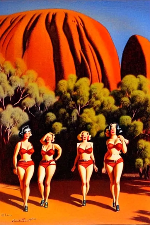 Prompt: 1940s group of pinup bikini girls walking around 1940s Ayers Rock, Uluru, in Australia, oil painting, by Gil Elvgren
