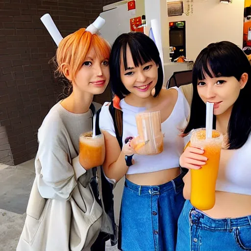 Image similar to Cute anime girls drinking bubble tea, 2021
