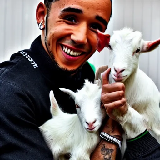 Prompt: an award winning photo of lewis hamilton holding a baby goat, 4 k