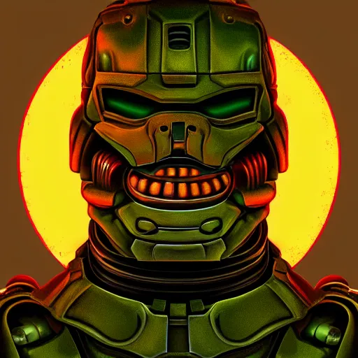 Image similar to portrait of doomguy, highly detailed, render, centered, digital painting