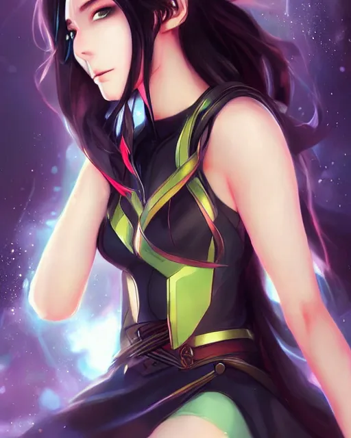 Image similar to Female Loki anime character beautiful digital illustration portrait by Ross Tran, artgerm detailed, soft lighting