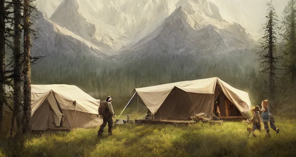 Image similar to cabela's beautiful comfortable modular insulated wall kit - house all weather family dwelling tent house, person in foreground, mountainous forested wilderness open fields, beautiful views, painterly concept art, joanna gaines, environmental concept art, farmhouse, magnolia, concept art illustration, by james gurney, by craig mullins, by greg rutkowski trending on artstation