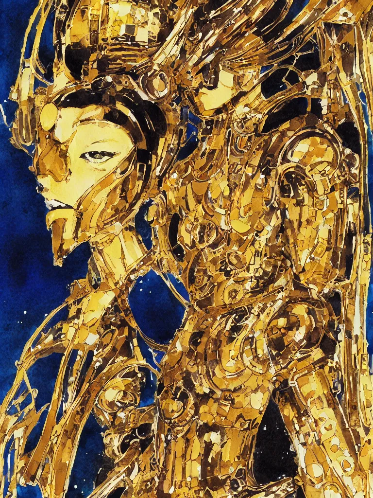 Image similar to a Royal portrait of gold android woman as illustrated by Yoshitaka Amano. 1991. Watercolor and Acrylic on Paper