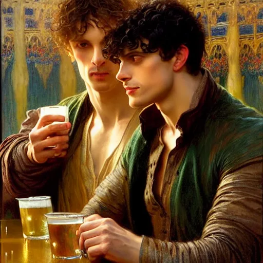 Image similar to attractive arthur pendragon and merlin go to a pub together to have some drinks. highly detailed painting by gaston bussiere, craig mullins, j. c. leyendecker, alphonse mucha 8 k