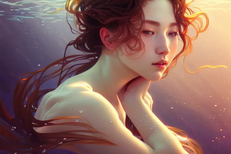 Image similar to beautiful underwater portrait, highly detailed, digital painting, artstation, sharp focus, illustration, art by tan zi and ayanamikodon and alphonse mucha and wlop